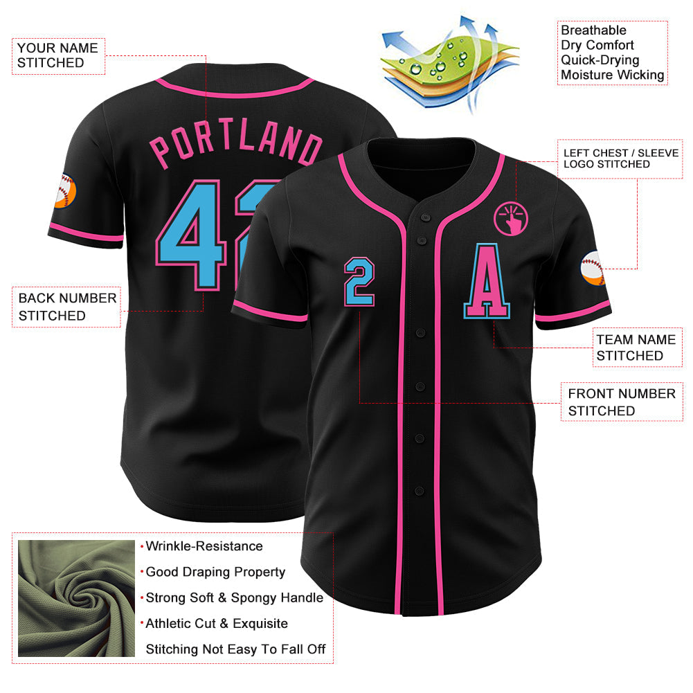 Custom Black Sky Blue-Pink Authentic Baseball Jersey - Sky-Custom