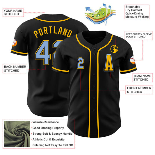 Custom Black Light Blue-Gold Authentic Baseball Jersey - Sky-Custom