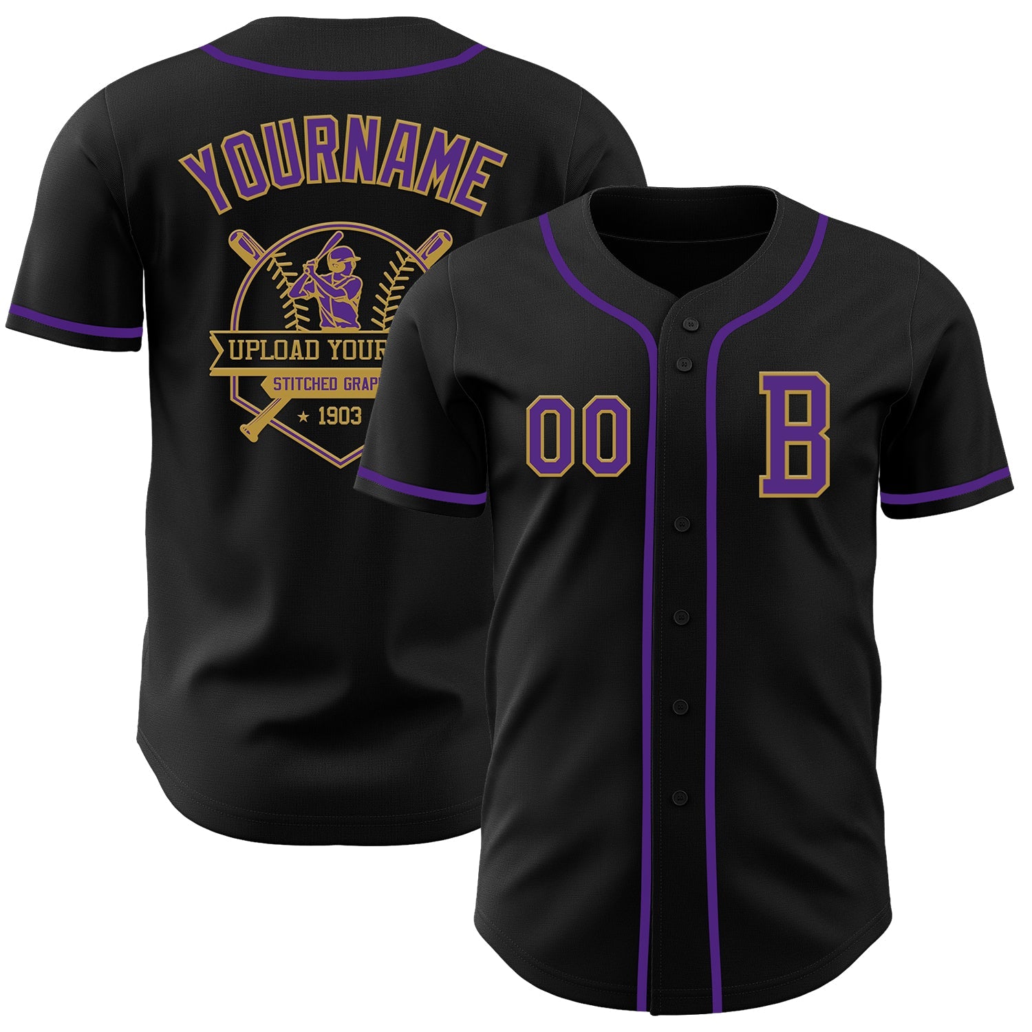 Custom Black Purple-Old Gold Authentic Baseball Jersey - Sky-Custom