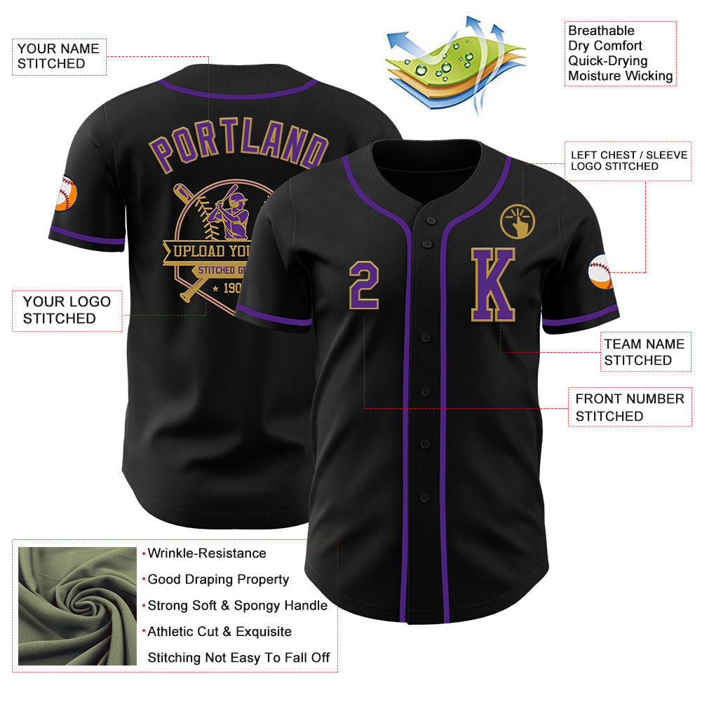 Custom Black Purple-Old Gold Authentic Baseball Jersey - Sky-Custom