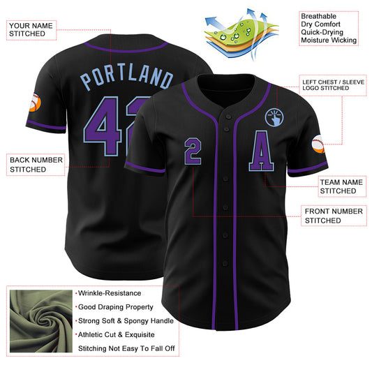 Custom Black Purple-Light Blue Authentic Baseball Jersey - Sky-Custom