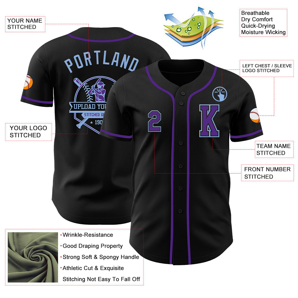 Custom Black Purple-Light Blue Authentic Baseball Jersey - Sky-Custom