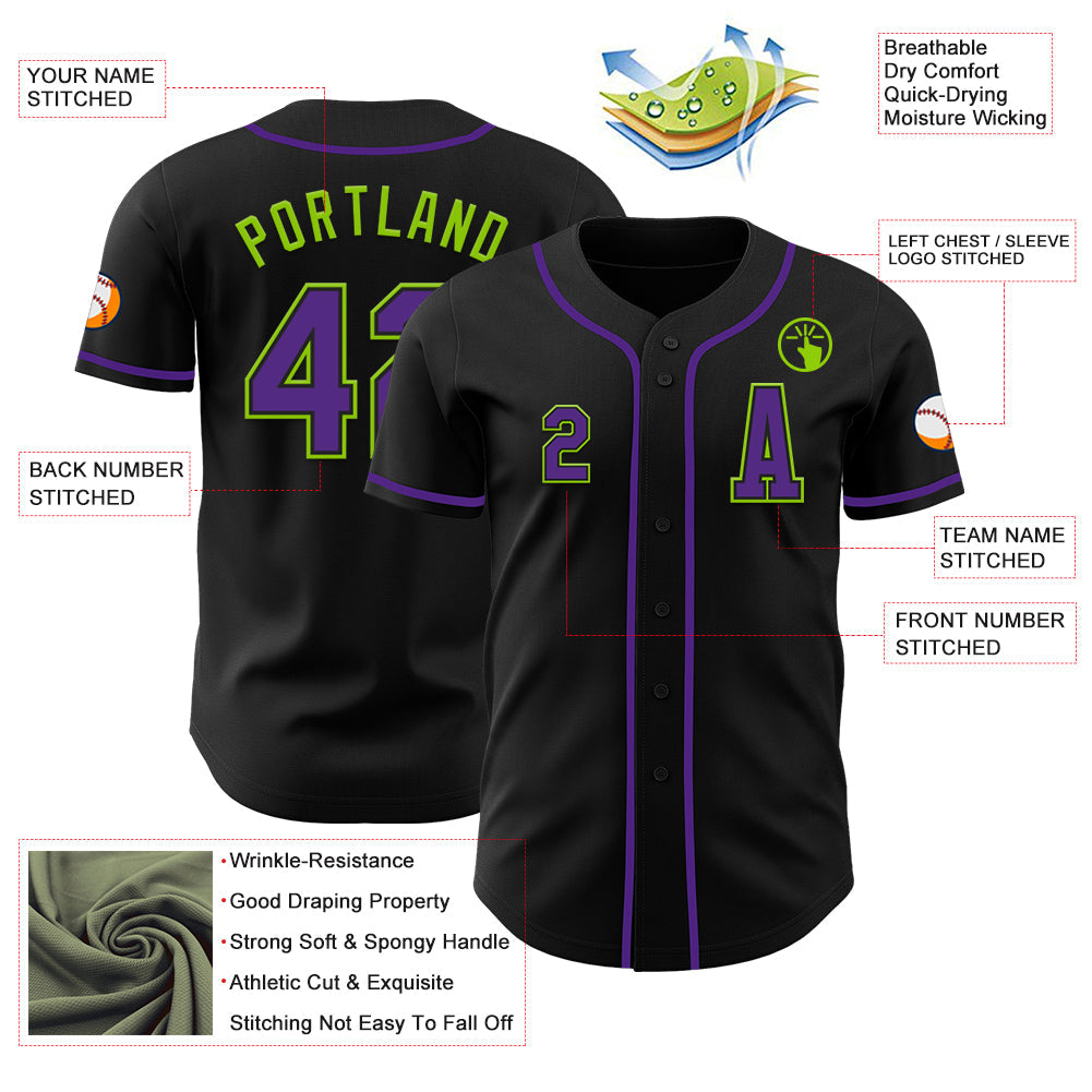 Custom Black Purple-Neon Green Authentic Baseball Jersey - Sky-Custom