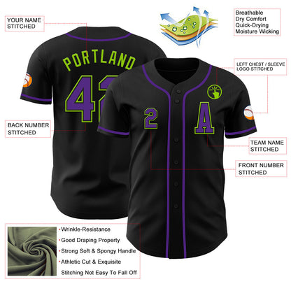 Custom Black Purple-Neon Green Authentic Baseball Jersey - Sky-Custom