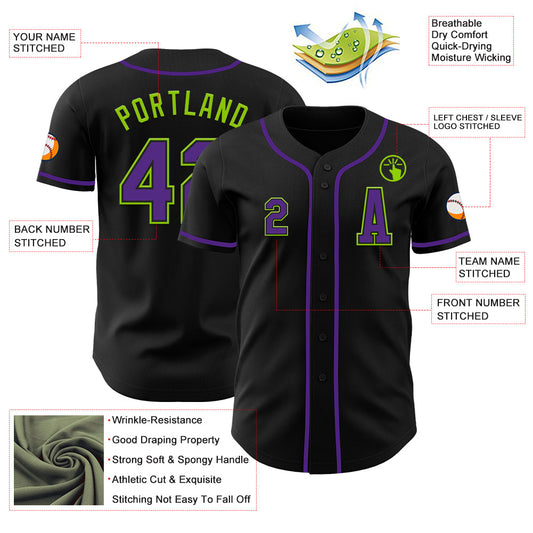Custom Black Purple-Neon Green Authentic Baseball Jersey - Sky-Custom