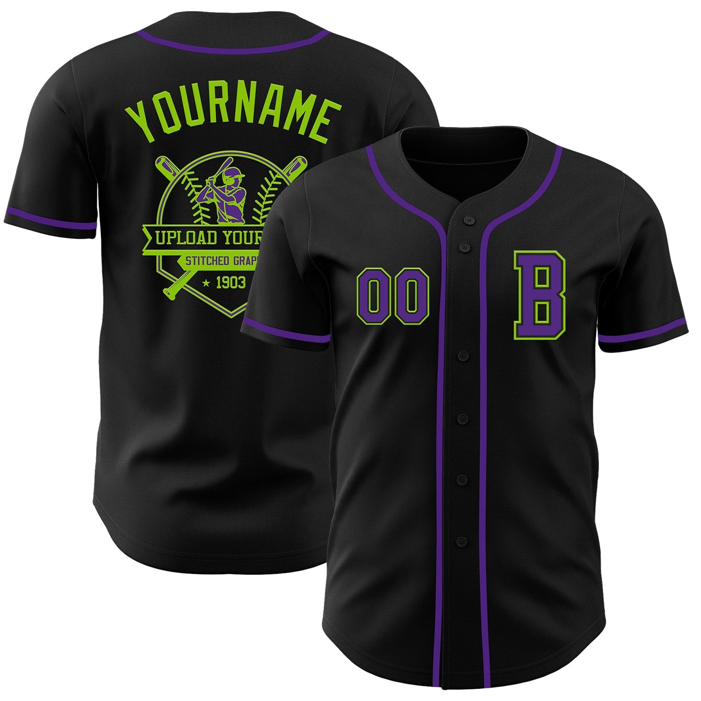 Custom Black Purple-Neon Green Authentic Baseball Jersey - Sky-Custom