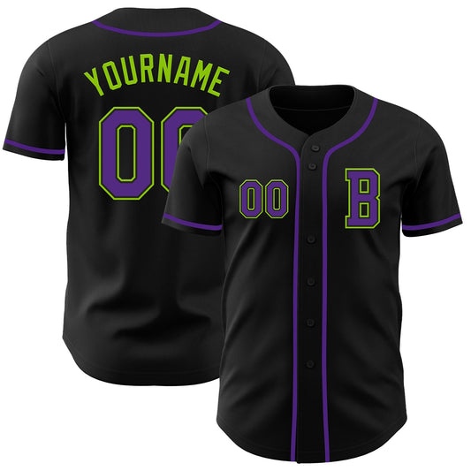 Custom Black Purple-Neon Green Authentic Baseball Jersey - Sky-Custom