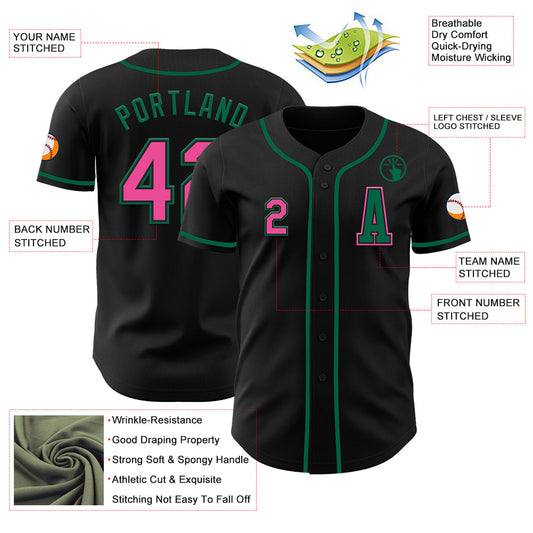 Custom Black Pink-Kelly Green Authentic Baseball Jersey - Sky-Custom