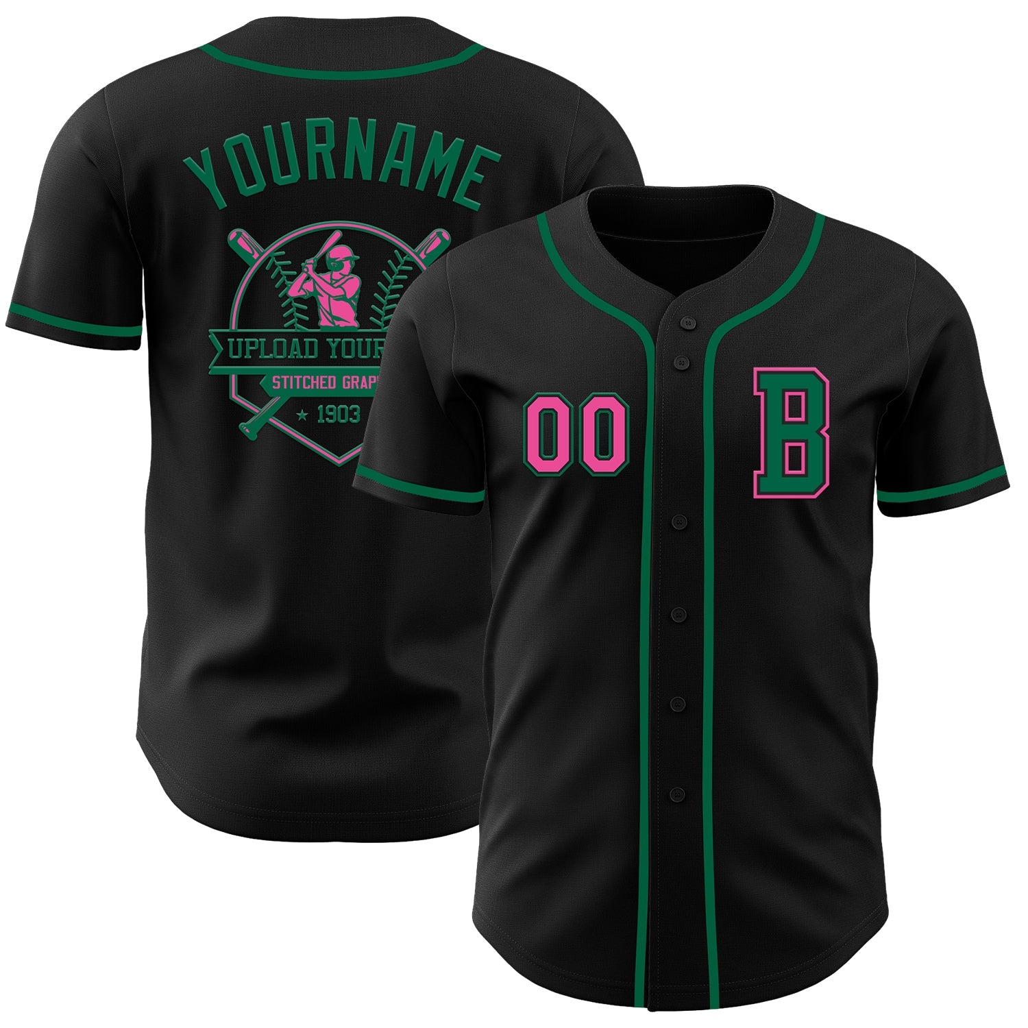 Custom Black Pink-Kelly Green Authentic Baseball Jersey - Sky-Custom
