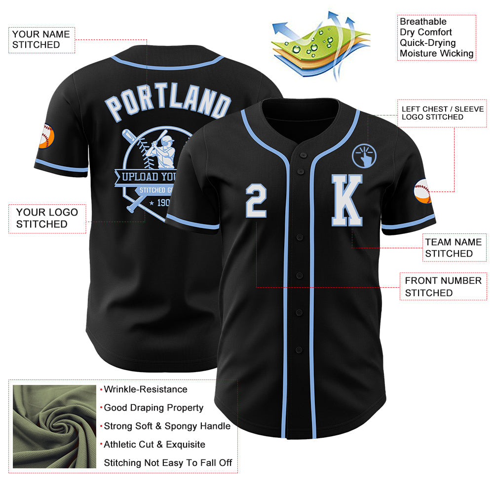 Custom Black White-Light Blue Authentic Baseball Jersey - Sky-Custom
