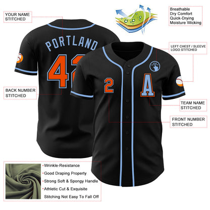 Custom Black Orange-Light Blue Authentic Baseball Jersey - Sky-Custom