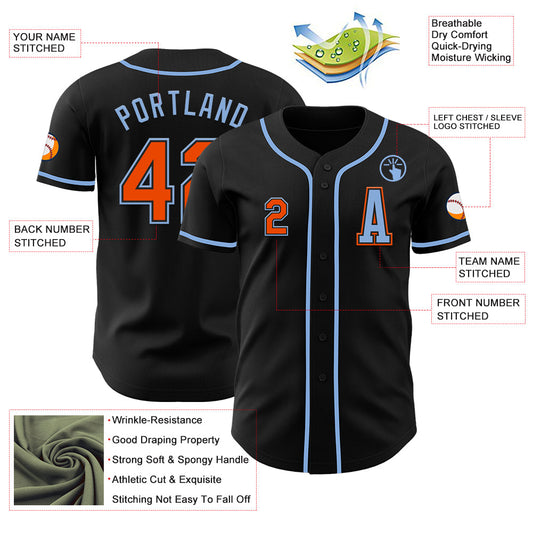 Custom Black Orange-Light Blue Authentic Baseball Jersey - Sky-Custom