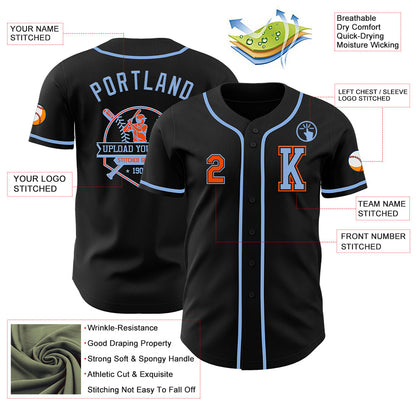Custom Black Orange-Light Blue Authentic Baseball Jersey - Sky-Custom