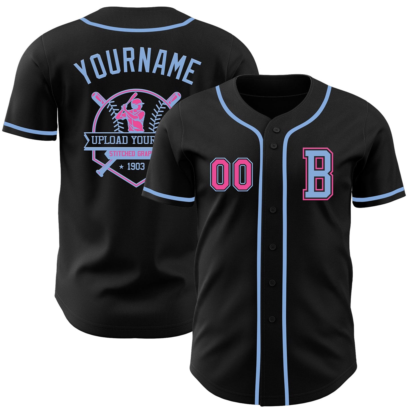 Custom Black Pink-Light Blue Authentic Baseball Jersey - Sky-Custom