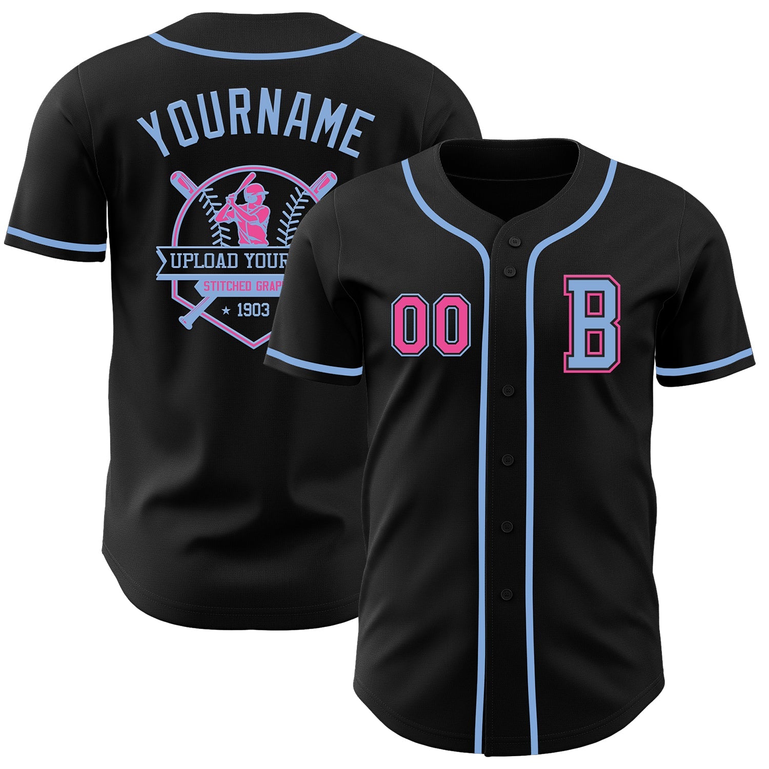 Custom Black Pink-Light Blue Authentic Baseball Jersey - Sky-Custom