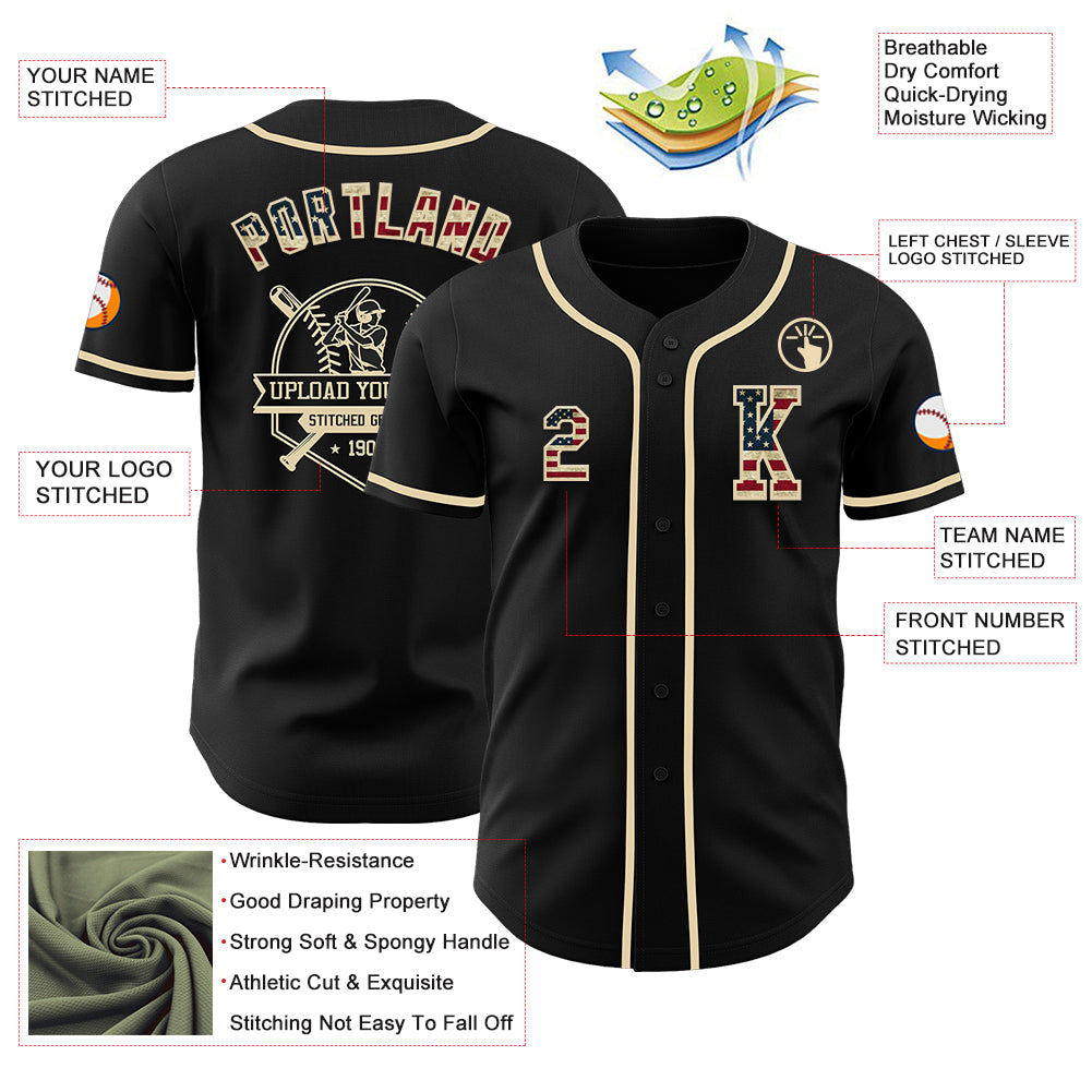 Custom Black Vintage USA Flag-Cream Authentic Baseball Jersey - Sky-Custom