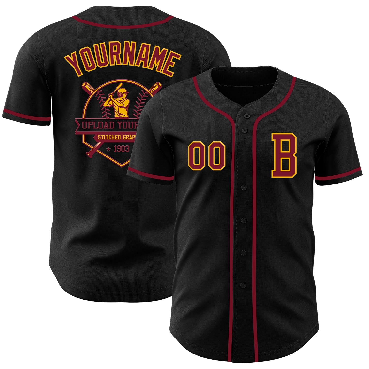 Custom Black Crimson-Gold Authentic Baseball Jersey - Sky-Custom