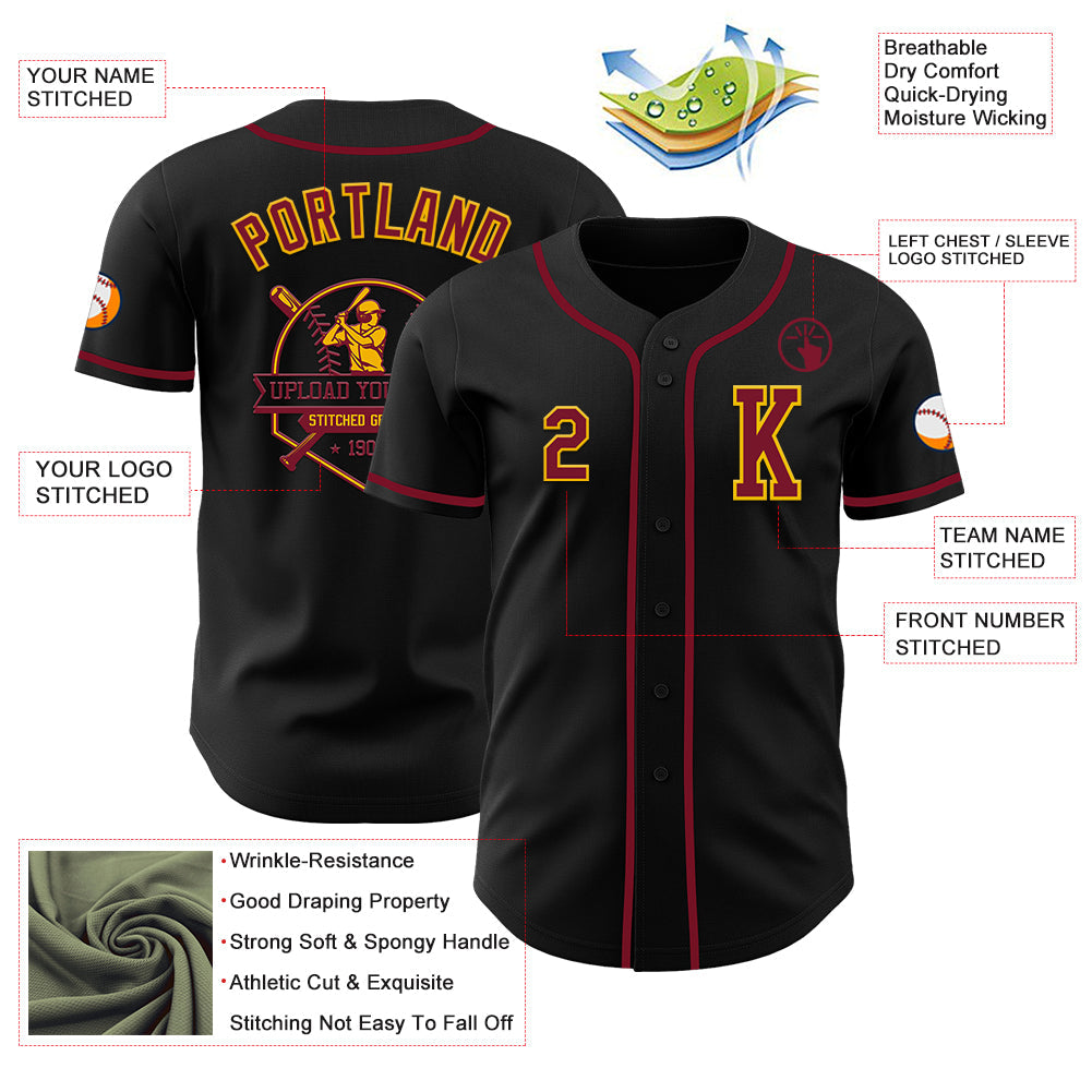Custom Black Crimson-Gold Authentic Baseball Jersey - Sky-Custom
