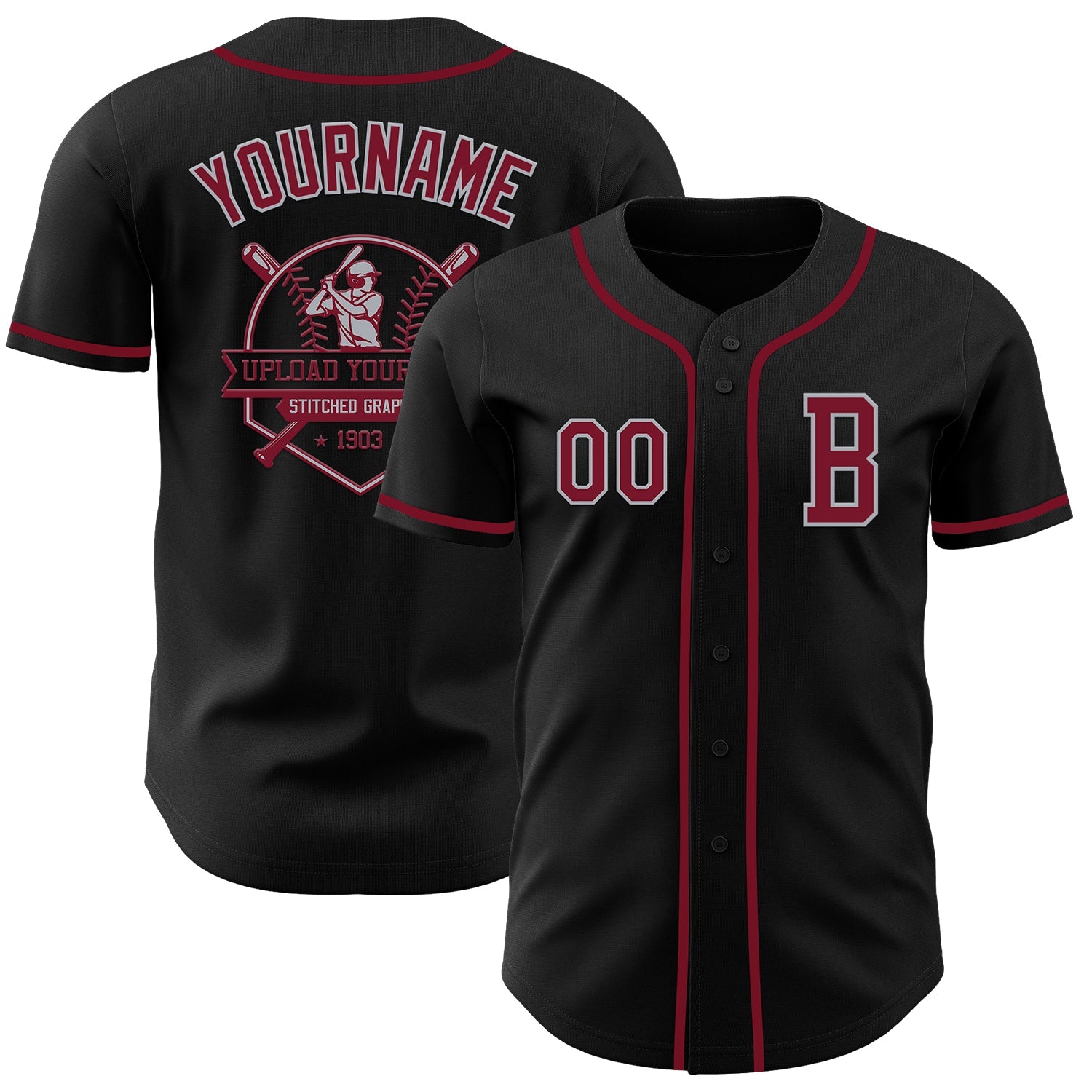 Custom Black Crimson-Gray Authentic Baseball Jersey - Sky-Custom