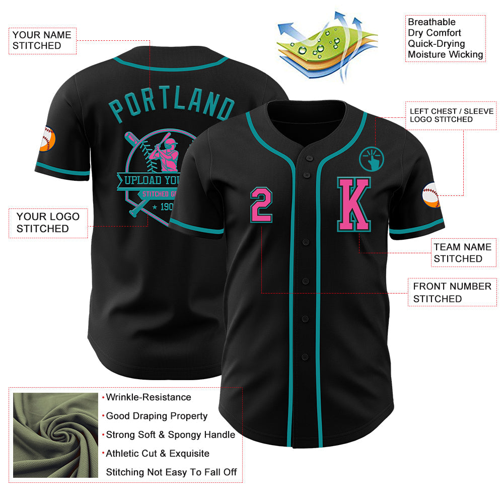 Custom Black Pink-Teal Authentic Baseball Jersey - Sky-Custom