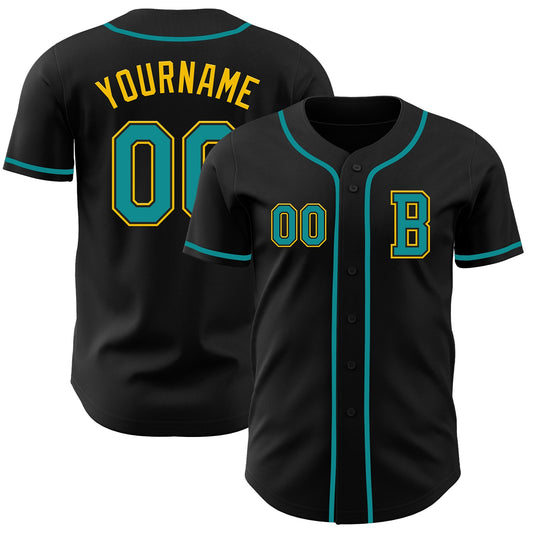 Custom Black Teal-Yellow Authentic Baseball Jersey - Sky-Custom