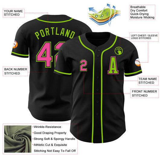 Custom Black Pink-Neon Green Authentic Baseball Jersey - Sky-Custom