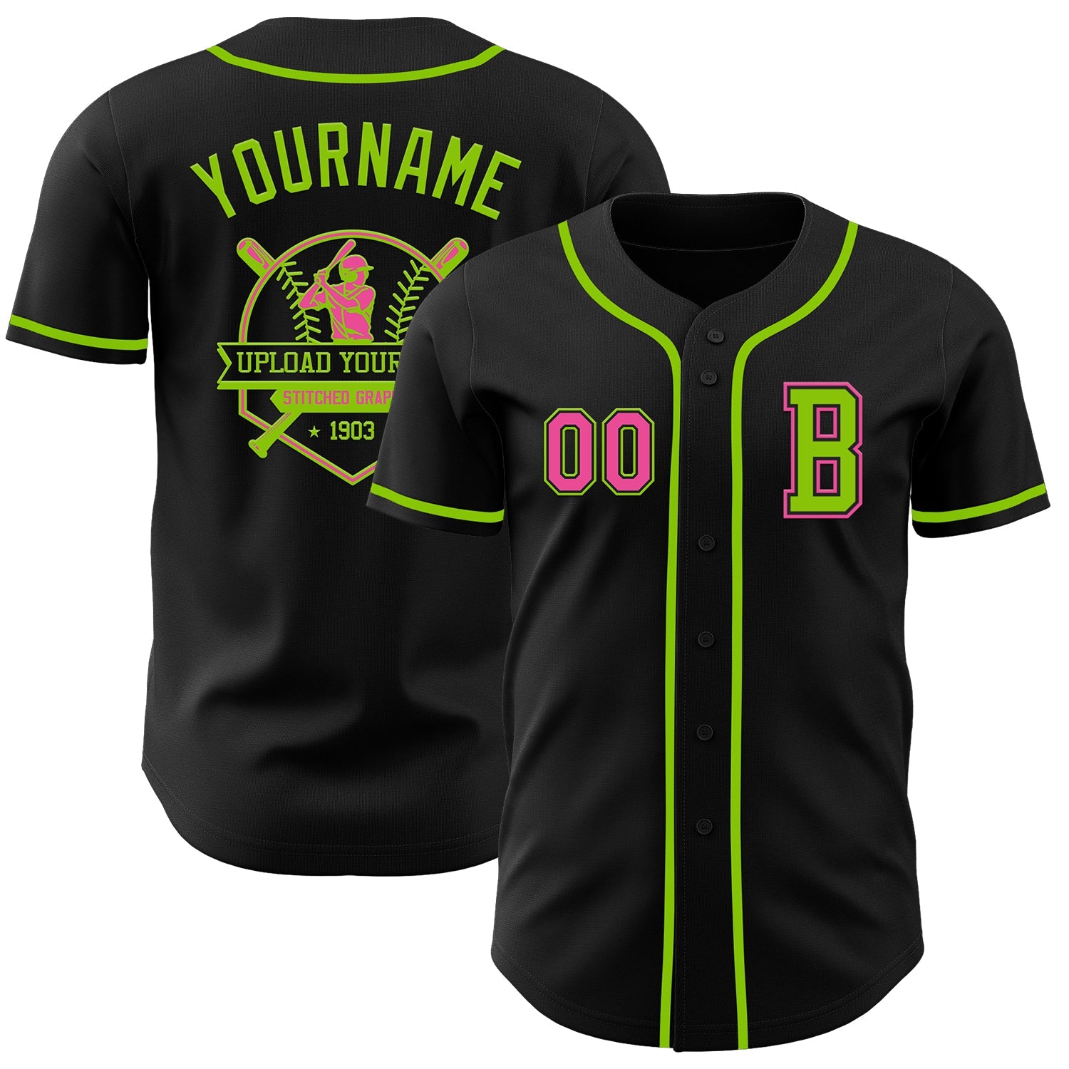 Custom Black Pink-Neon Green Authentic Baseball Jersey - Sky-Custom