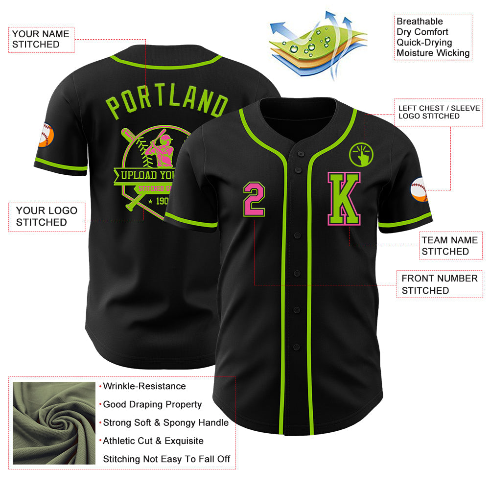 Custom Black Pink-Neon Green Authentic Baseball Jersey - Sky-Custom
