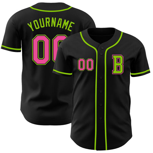 Custom Black Pink-Neon Green Authentic Baseball Jersey - Sky-Custom