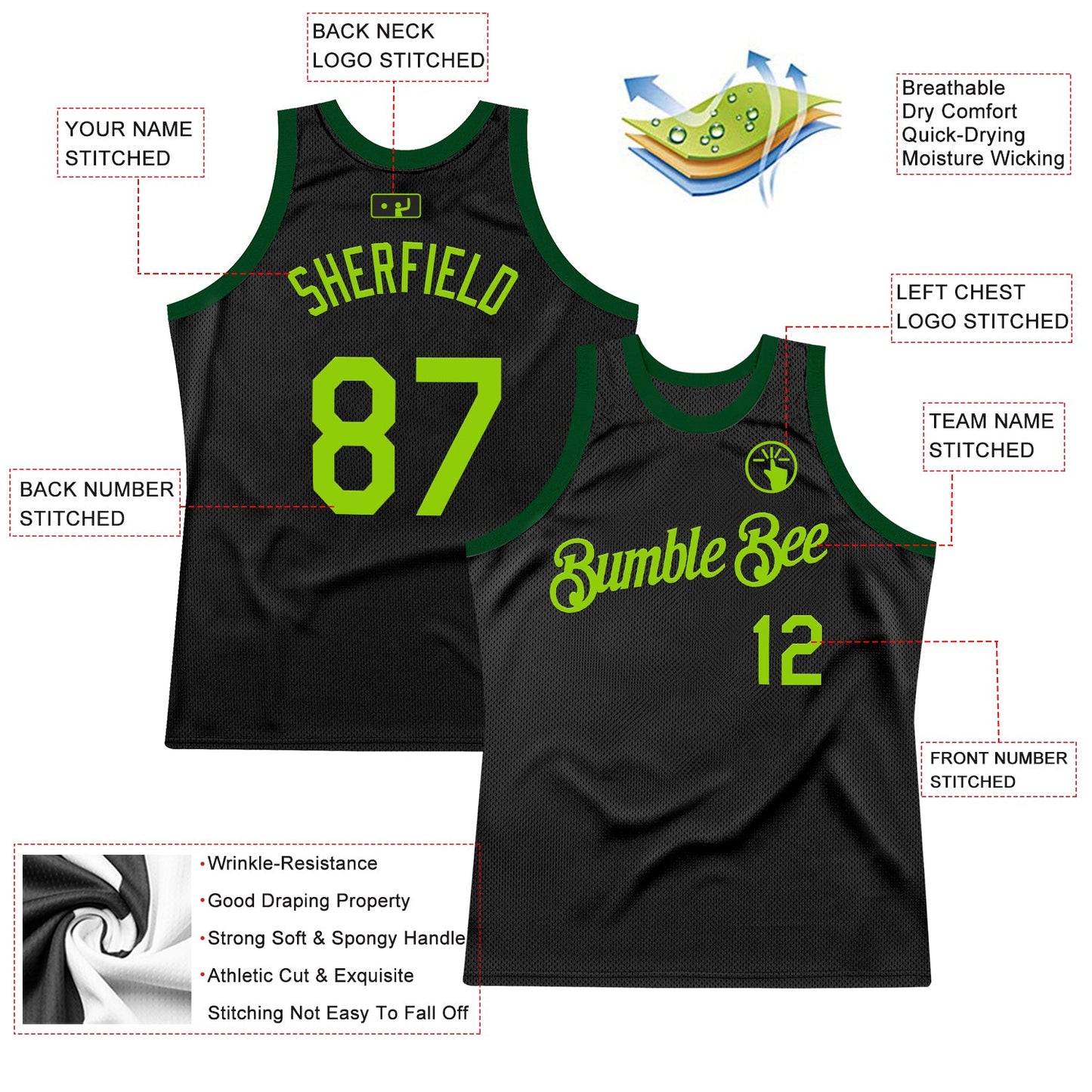 Custom Black Neon Green-Green Authentic Throwback Basketball Jersey - Sky-Custom