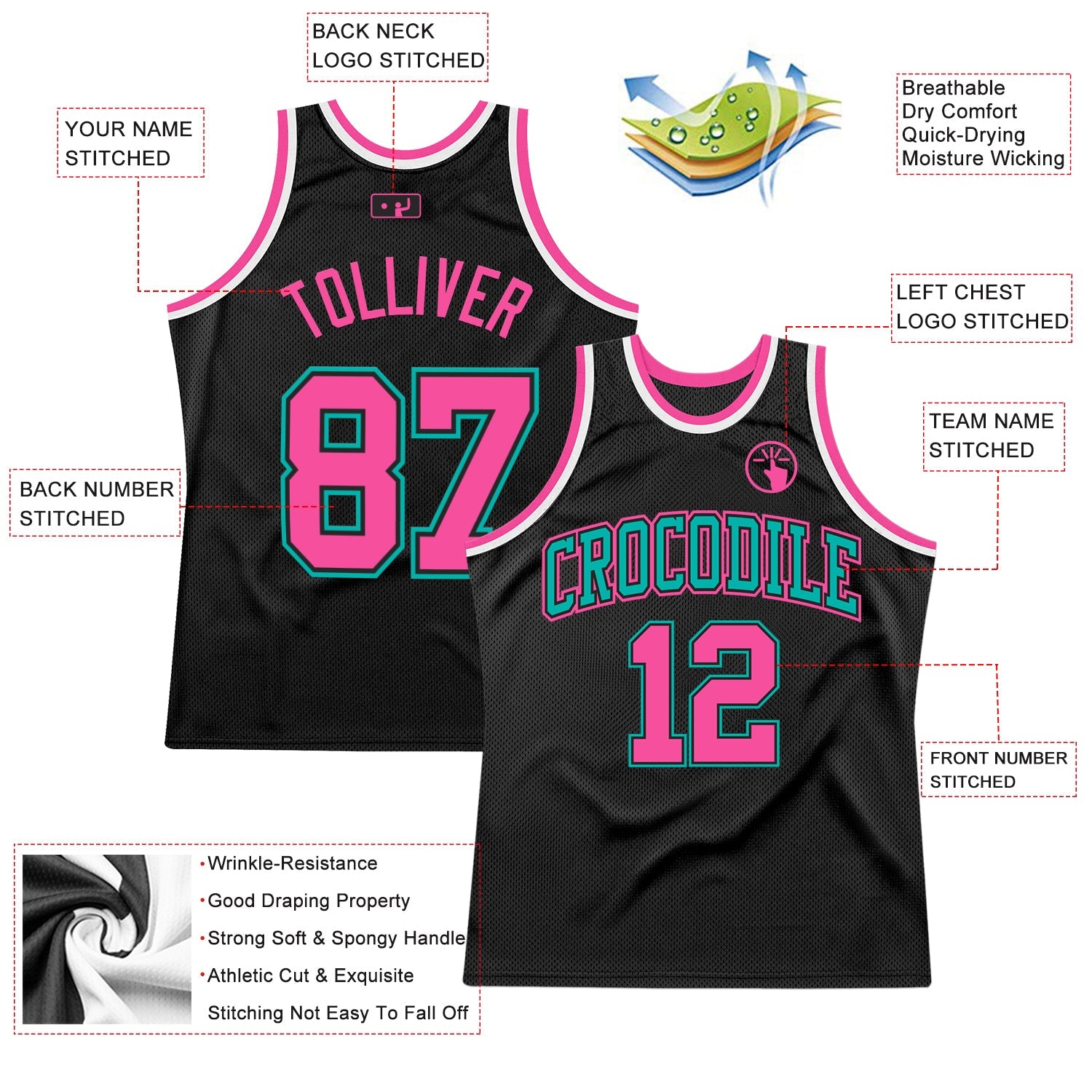 Custom Black Pink Aqua-White Authentic Throwback Basketball Jersey - Sky-Custom