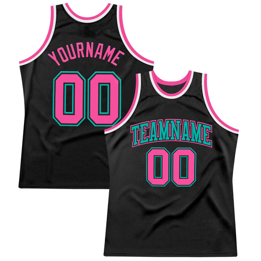 Custom Black Pink Aqua-White Authentic Throwback Basketball Jersey - Sky-Custom