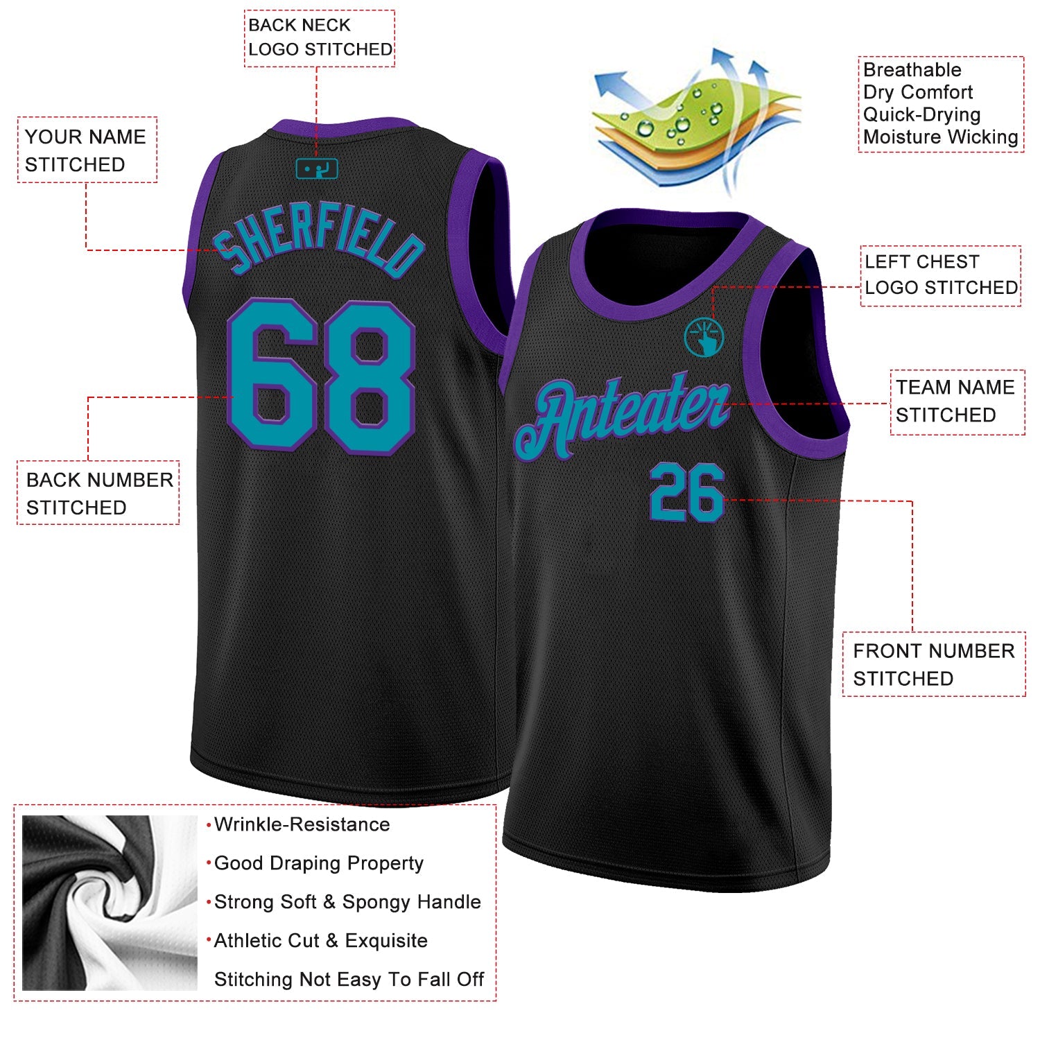 Custom Black Teal-Purple Authentic Basketball Jersey - Sky-Custom