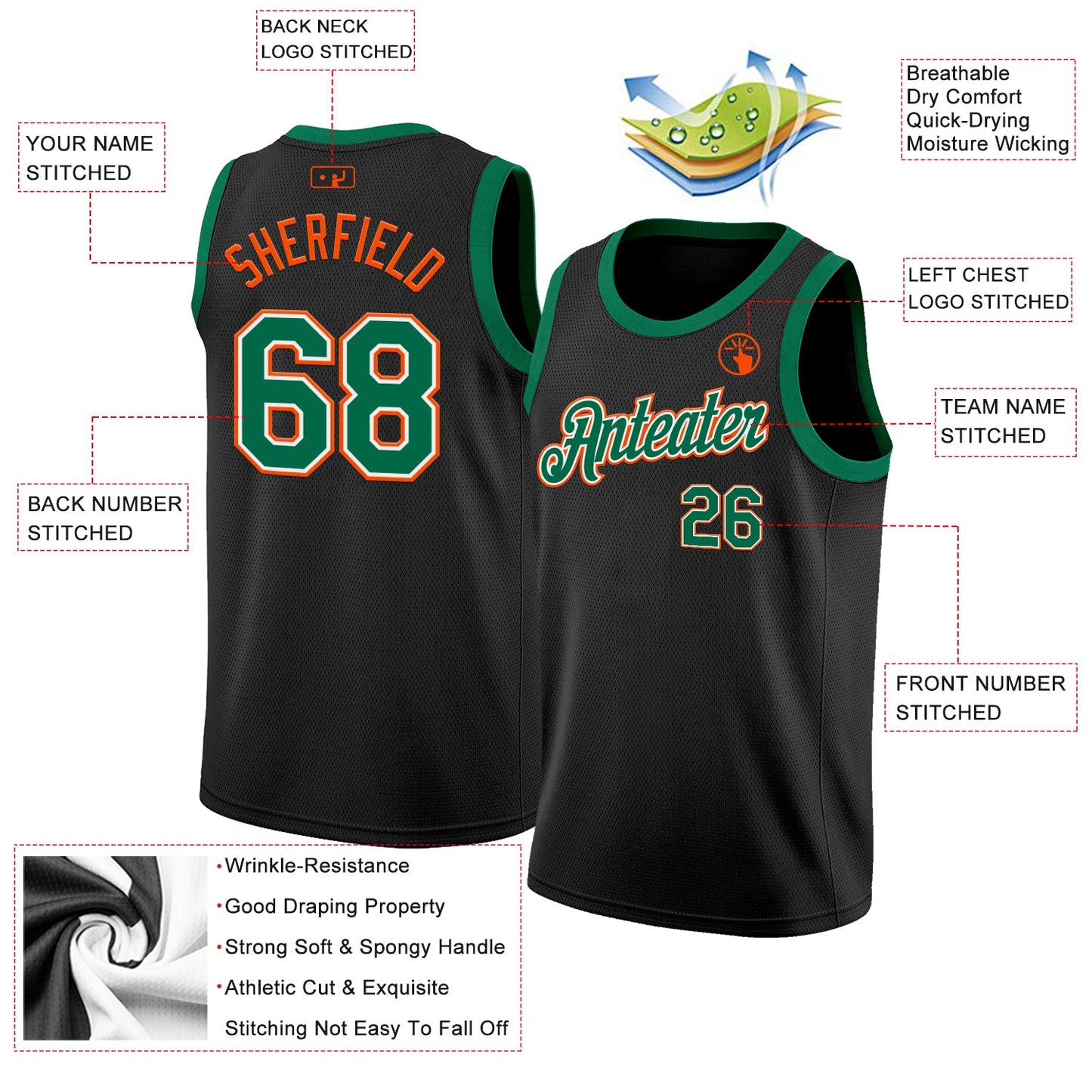 Custom Black Kelly Green White-Orange Authentic Basketball Jersey - Sky-Custom