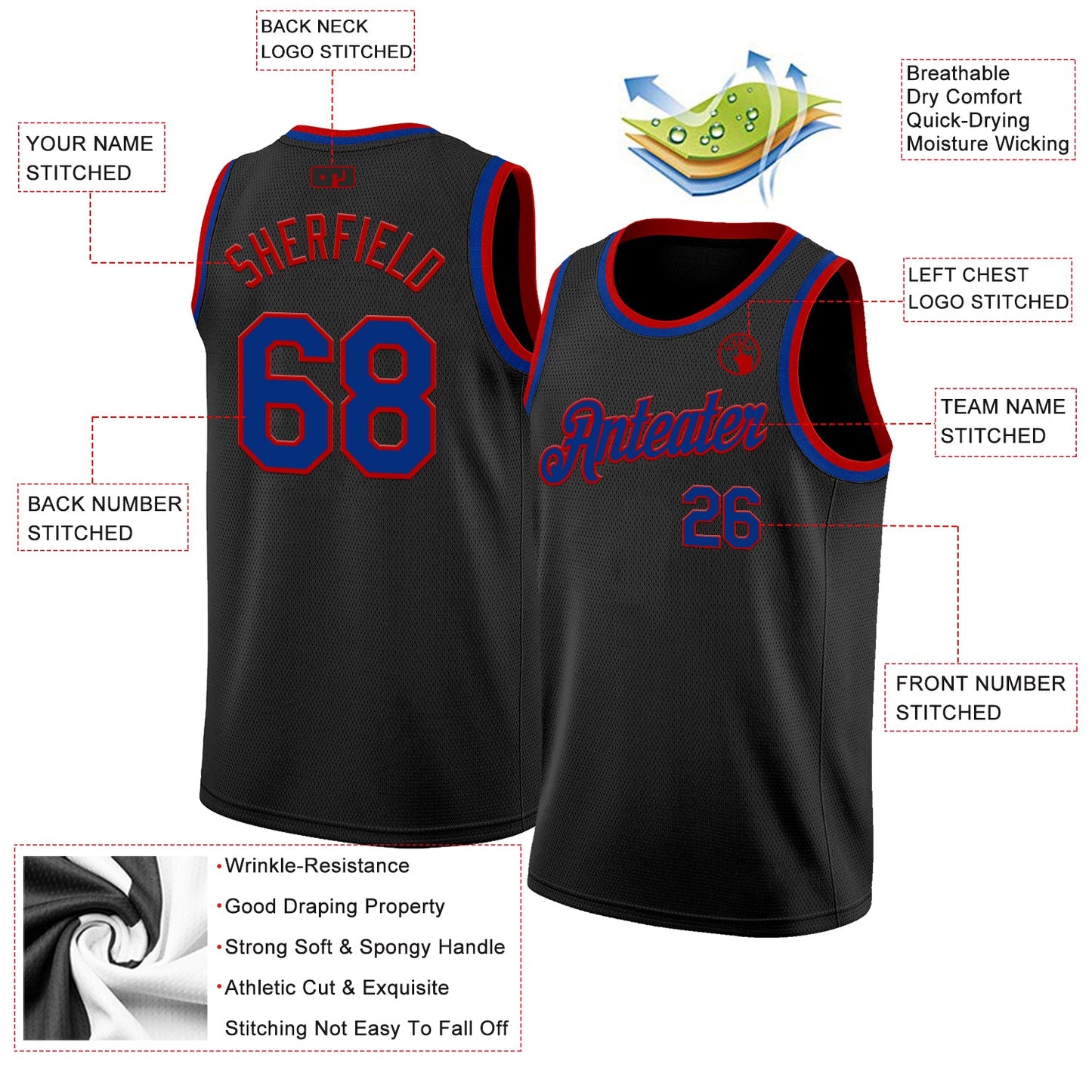 Custom Black Royal-Red Authentic Basketball Jersey - Sky-Custom