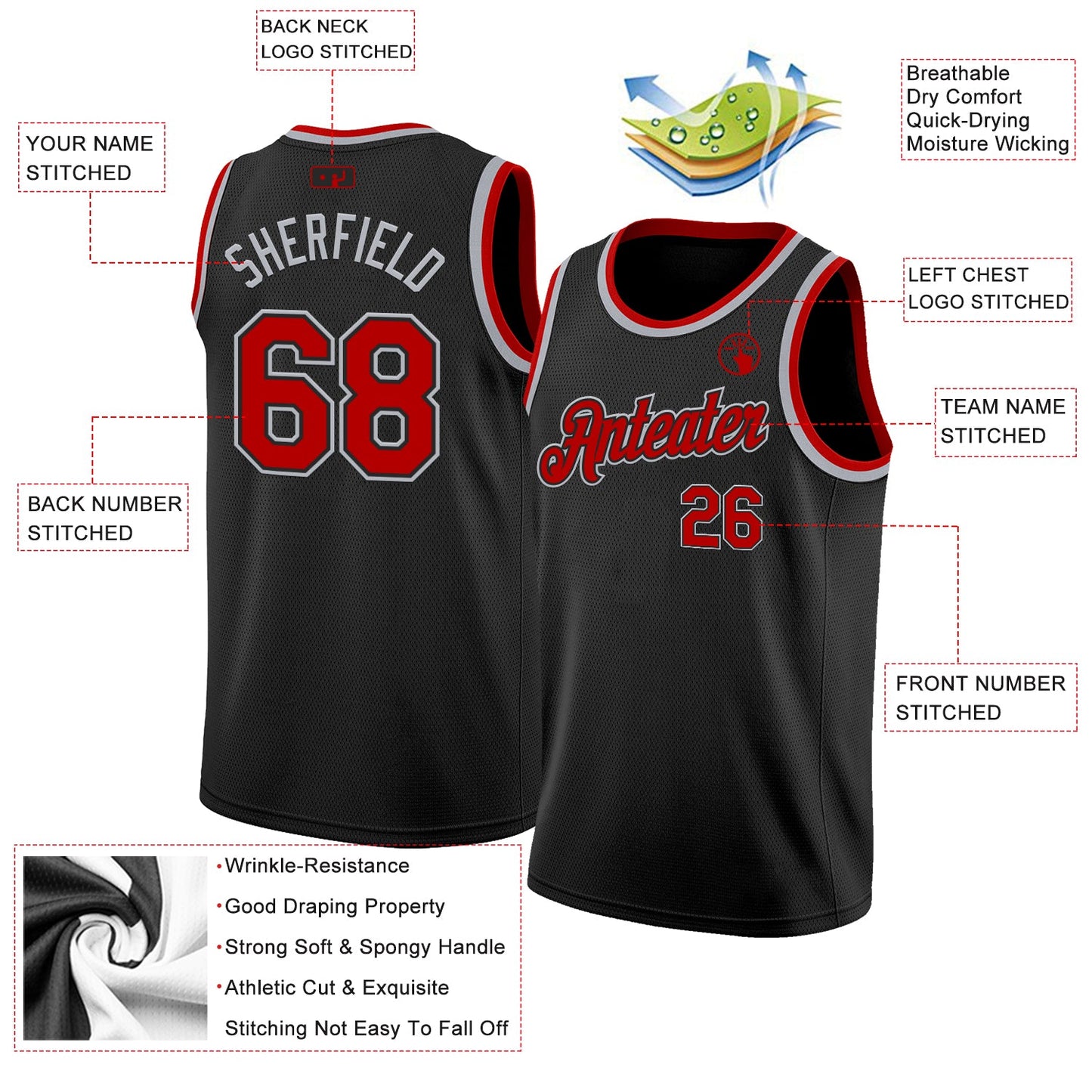 Custom Black Red-Gray Authentic Basketball Jersey - Sky-Custom