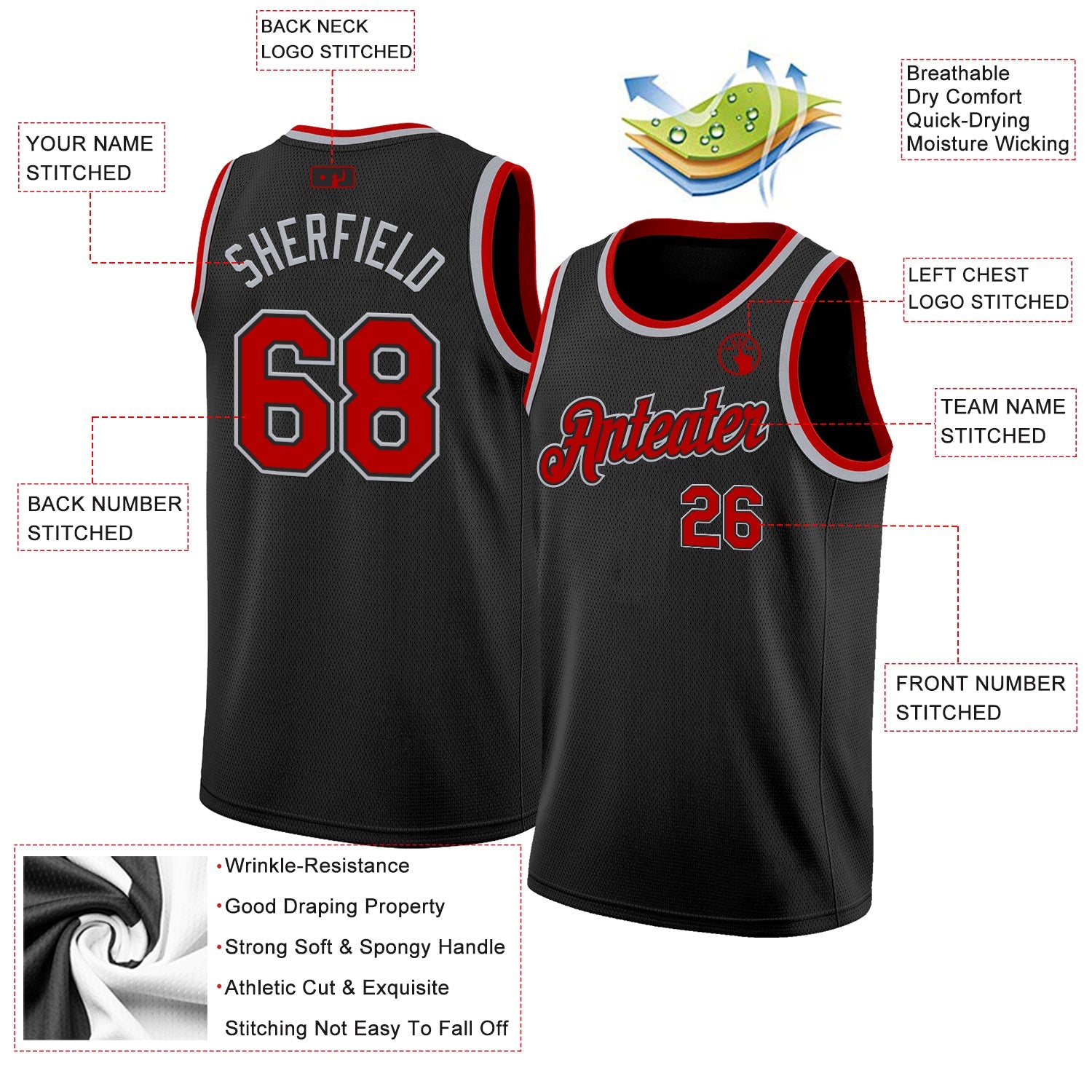 Custom Black Red-Gray Authentic Basketball Jersey - Sky-Custom
