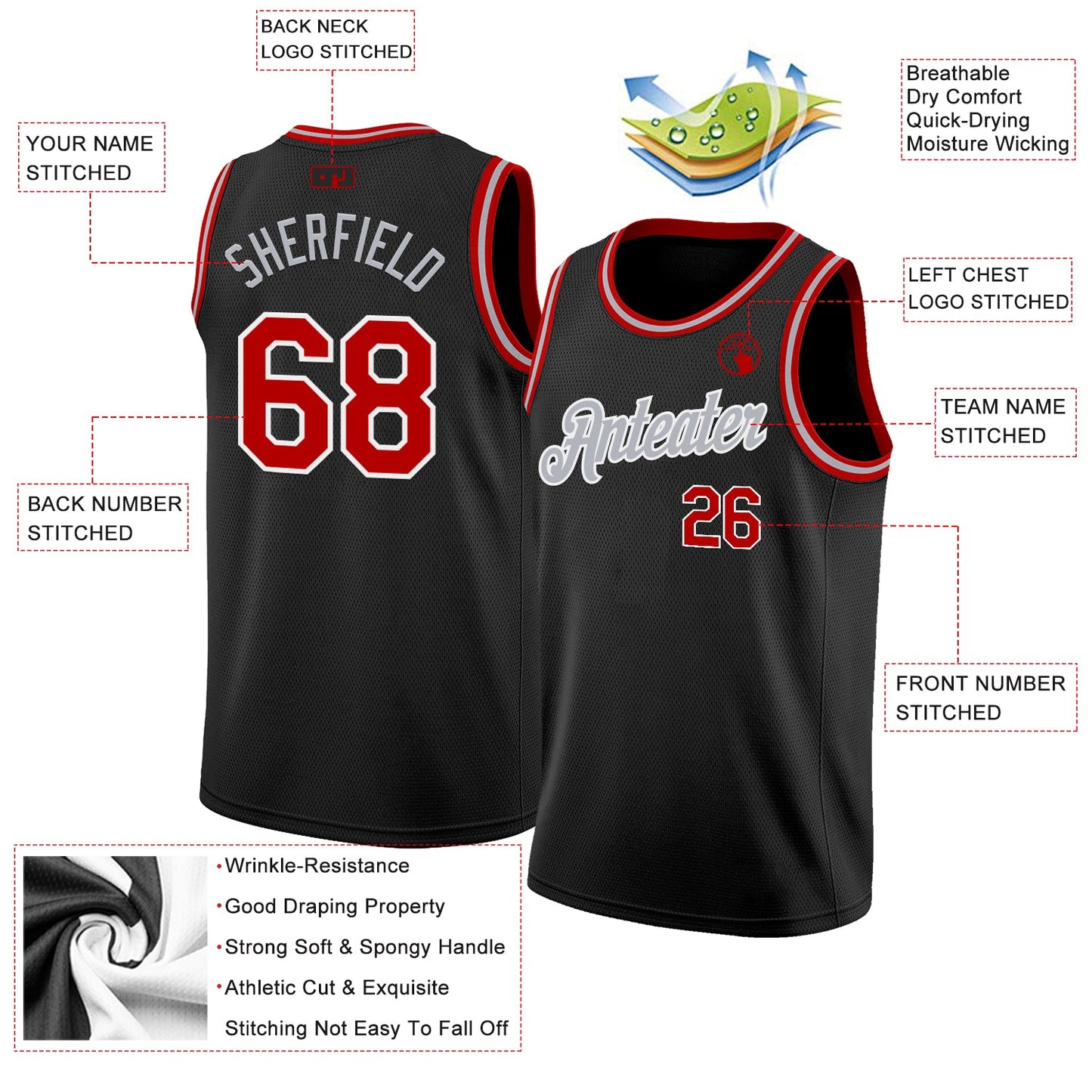 Custom Black Red White-Gray Authentic Basketball Jersey - Sky-Custom