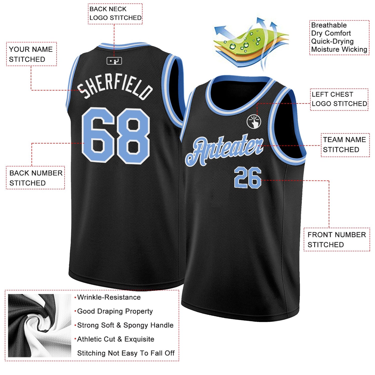 Custom Black Light Blue-White Authentic Basketball Jersey - Sky-Custom
