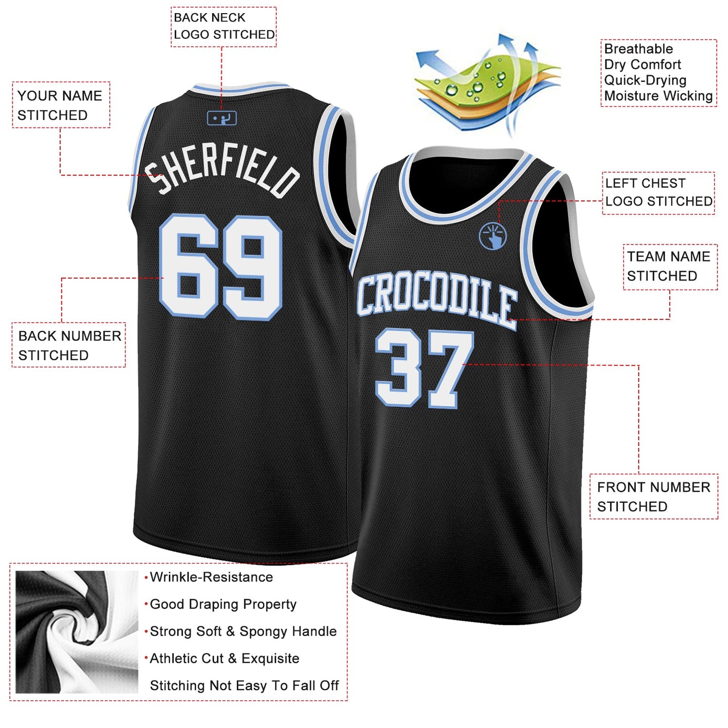 Custom Black White-Light Blue Authentic Basketball Jersey - Sky-Custom