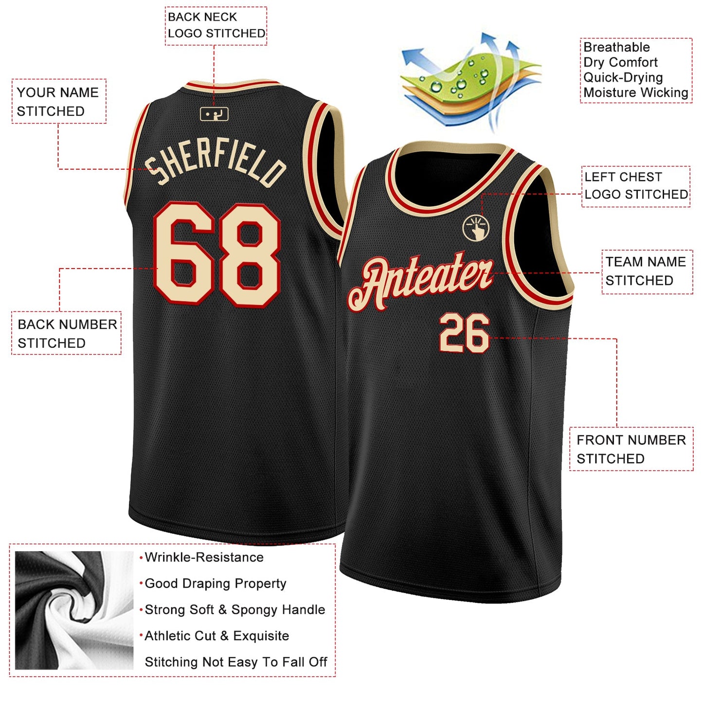 Custom Black Cream-Red Authentic Basketball Jersey - Sky-Custom