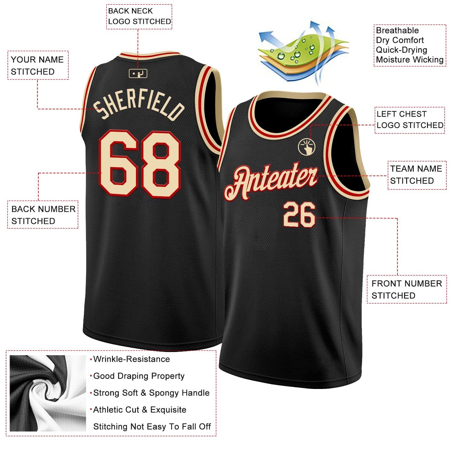 Custom Black Cream-Red Authentic Basketball Jersey - Sky-Custom