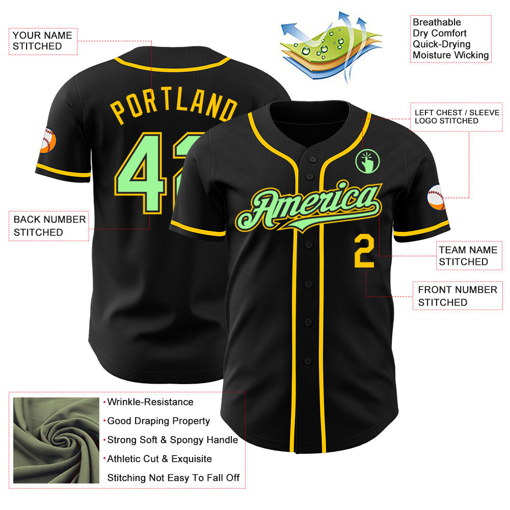 Custom Black Pea Green-Yellow Authentic Baseball Jersey - Sky-Custom