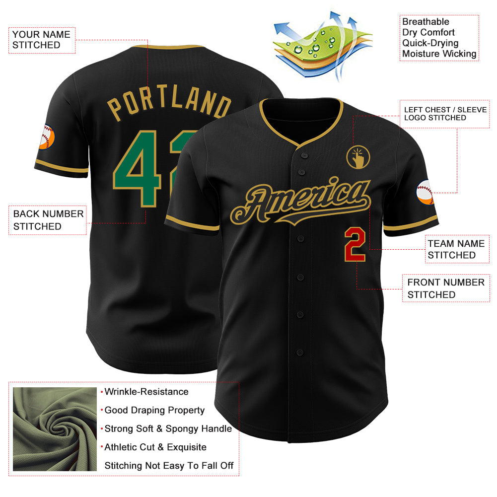 Custom Black Kelly Green Old Gold-Red Authentic Baseball Jersey - Sky-Custom