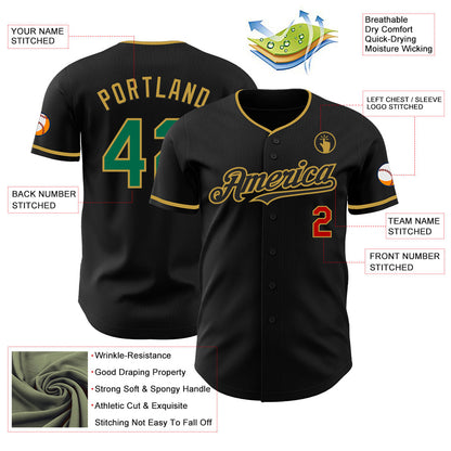 Custom Black Kelly Green Old Gold-Red Authentic Baseball Jersey - Sky-Custom