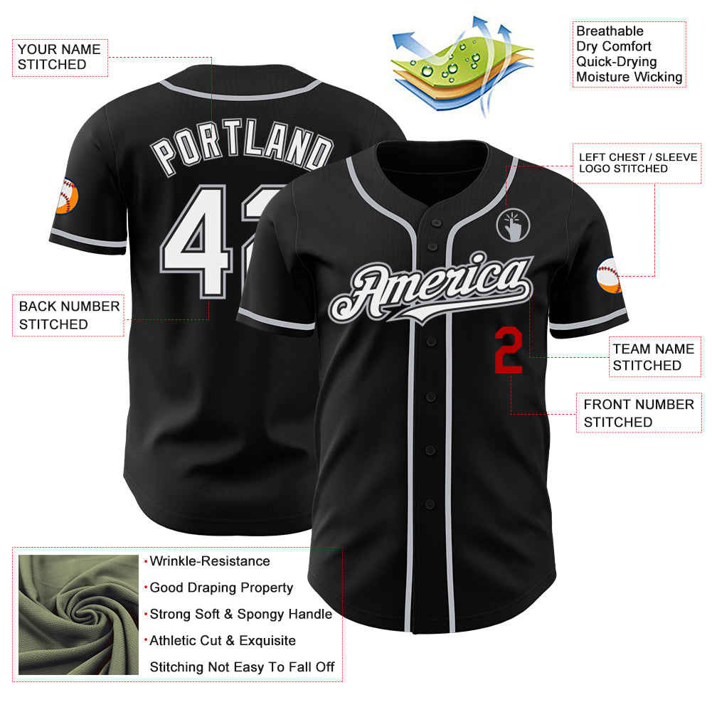 Custom Black White Gray-Red Authentic Baseball Jersey - Sky-Custom