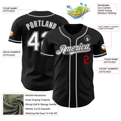 Custom Black White Gray-Red Authentic Baseball Jersey - Sky-Custom