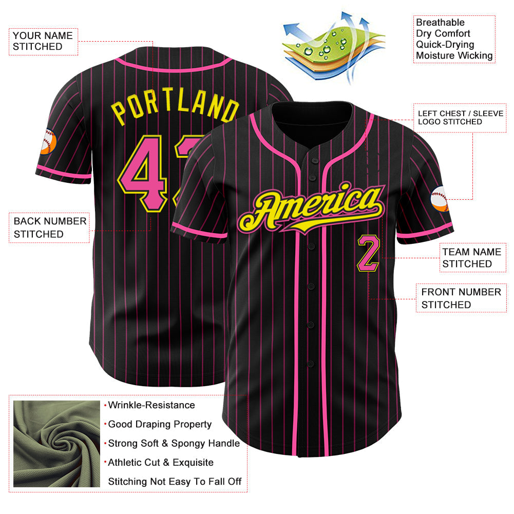 Custom Black Pink Pinstripe Light Yellow Authentic Baseball Jersey - Sky-Custom