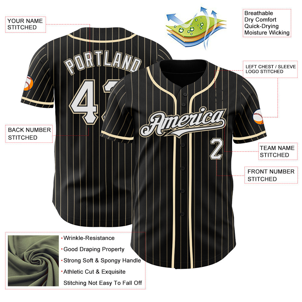 Custom Black Cream Pinstripe White Authentic Baseball Jersey - Sky-Custom