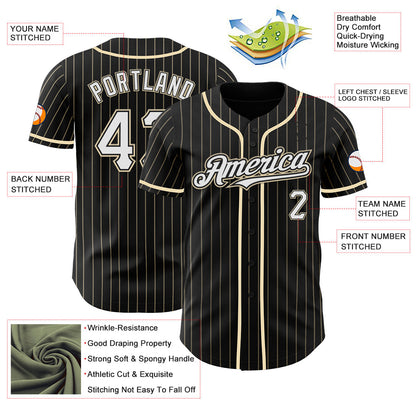 Custom Black Cream Pinstripe White Authentic Baseball Jersey - Sky-Custom